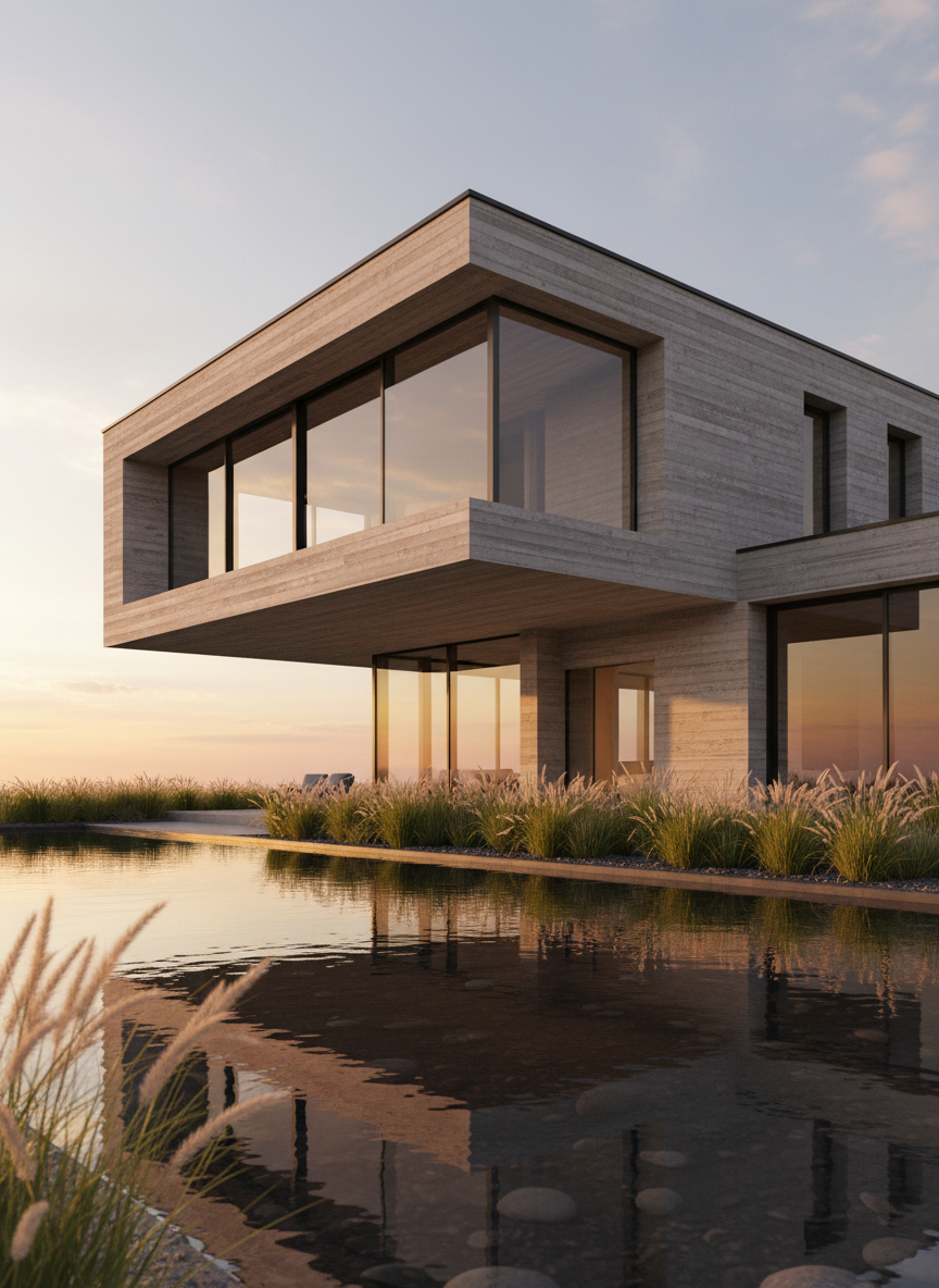 A meticulously detailed modern architectural exterior of a two-story concrete and glass residence at golden hour, with textured board-formed concrete walls, slender black aluminum window frames, and a cantilevered upper volume. The house is surrounded by a manicured landscape of tall ornamental grasses and a reflecting pool that mirrors the warm sky. Low sun creates long, crisp shadows and a soft glow on the concrete, emphasizing its subtle grain. The camera is positioned at a slightly low angle, three-quarter view, to accentuate form and depth, with sharp focus from foreground to background. The atmosphere feels serene, luxurious, and contemplative, showcasing high-end photorealistic archviz focused on light, reflections, and precise composition.